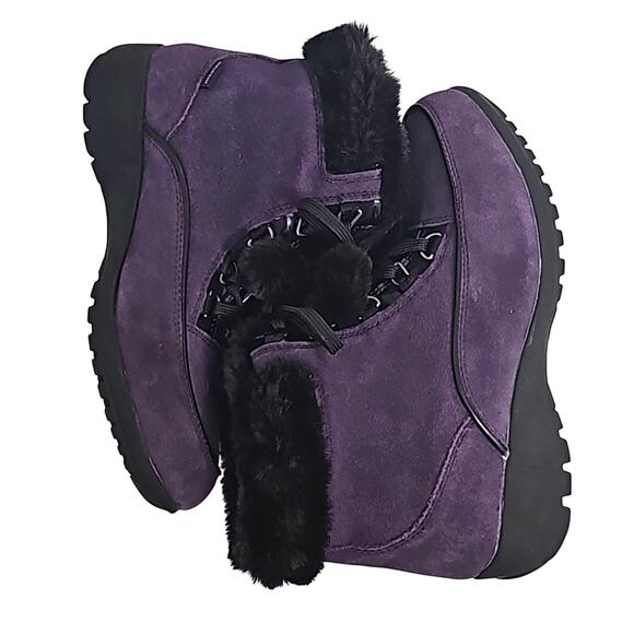 Sporto Womens Purple Leather Upper Black Faux Fur Pom Pom Lace Up Boots Size 8 - Picture 6 of 10